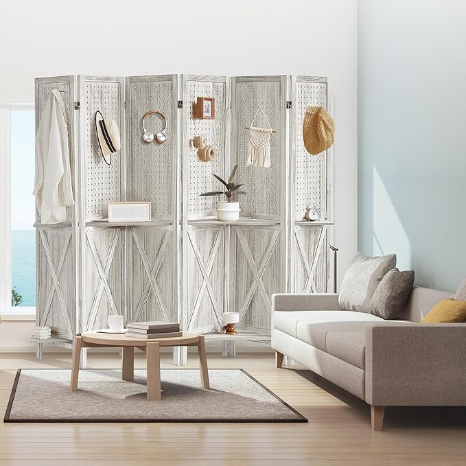 6 Panel Pegboard Display with 24 Hooks, Wooden Pegboard Room Divider Wall with Shelf, Rustic Room Dividers and Folding Privacy Screens, Bedroom, Jewelry Store, White