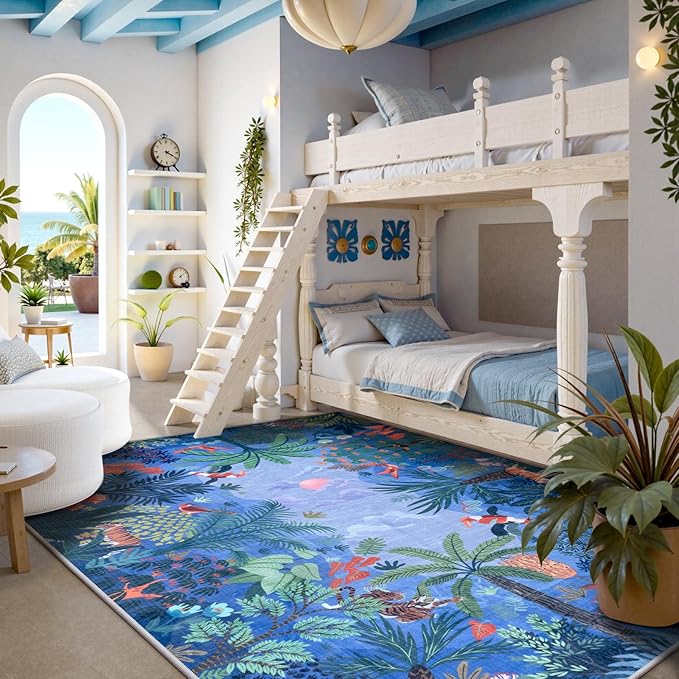 LIVEBOX Washable Bedroom Rug 8x10 Under Bed, Modern Stain Resistant Botanical Rug for Living Room Playroom Kids Boy Room, Non-Slip Jungle Forest Print Rugs for Nursery Baby