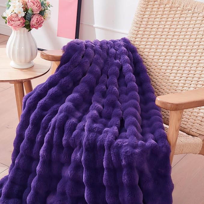 NEWCOSPLAY Faux Fur Throw Blanket Purple Bubble Blanket Thick Warm Soft for Couch Sofa Bed 550GSM (Purple, Throw(50"x60"))