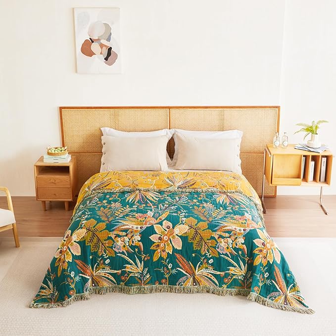 MSGKV Boho Throw Blanket for Bed Twin Size Cotton Muslin Breathable Floral Blanket 60"x80" Sofa Couch Blankets for All Seasons Lightweight Farmhouse Blankets Boho Home Decor