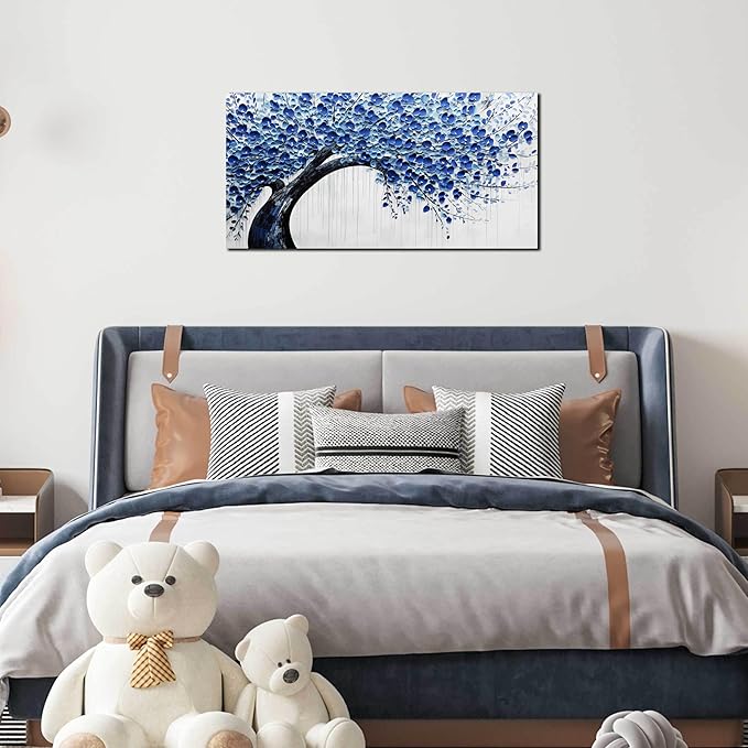Large Wall Art for Living Room Bedroom Home Office Blue Tree of Life Wall Art Floral Picture Framed Wall Decor Modern Canvas Prints 20x40 In