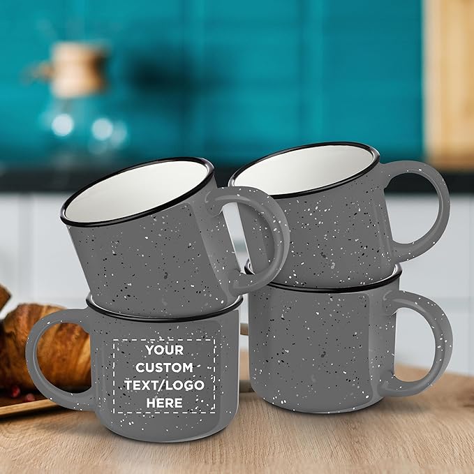DISCOUNT PROMOS Custom Ceramic Campfire Coffee Mugs 13 oz. Set of 50, Personalized Bulk Pack - Perfect for Tea, Espresso, Cappuccino, Hot Cocoa - Grey