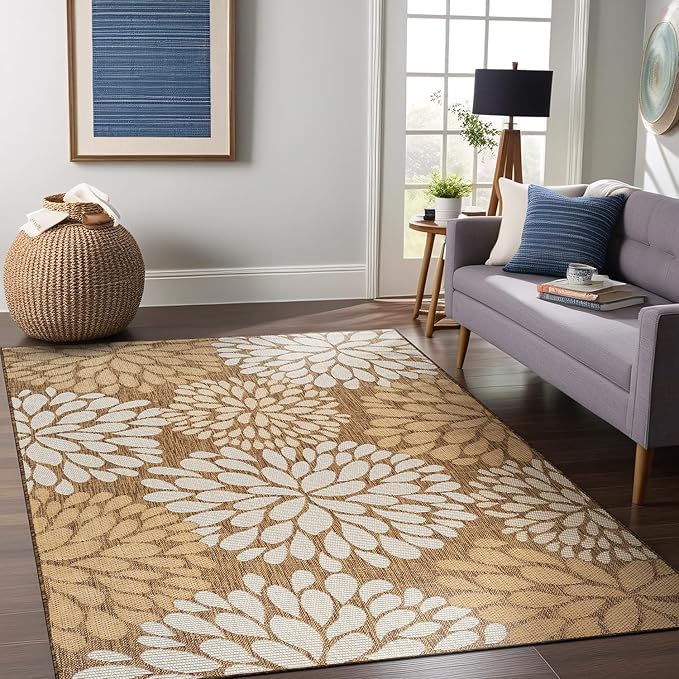 Beverly Rug Outdoor Rug 9x12 Modern Exotic Tropical Leaf Area Rugs for Indoor and Outdoor Patio Deck Porch Garden Water Resistant Washable Outside Carpet (9 x 12 Wooden)