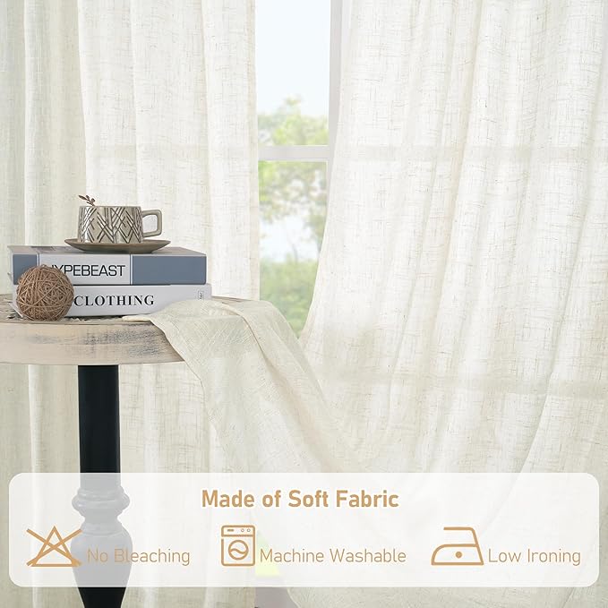 LAMIT Short Sheer Linen Curtains 30 inches Long, Bronze Grommet Linen Drapes Light Filtering Semi Sheer Curtains for Small Window/Kitchen/Cafe, 2 Panels, 34 x 30 Inch, Cream