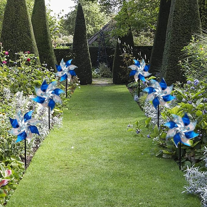 Hausse 10 Pack Reflective Pinwheels, Extra Sparkly Pinwheel, Bird Repellent Devices Deterrent to Scare Birds Away from Yard Patio Farm, Blue & Silver