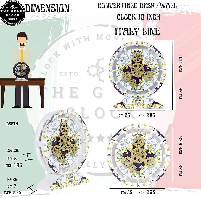 The Gears Clock Wall Clock Italy Collection with Moving Gears (Minori, 10 inch Round)