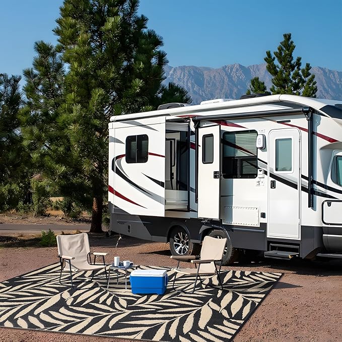 OLANLY Waterproof Outdoor Rug 8x10 ft, Reversible Outdoor Plastic Straw Rug with Leaf Pattern, RV Mat, Indoor Outdoor Carpet for Patio, Camping, Balcony, Deck, Backyard, Black & Beige