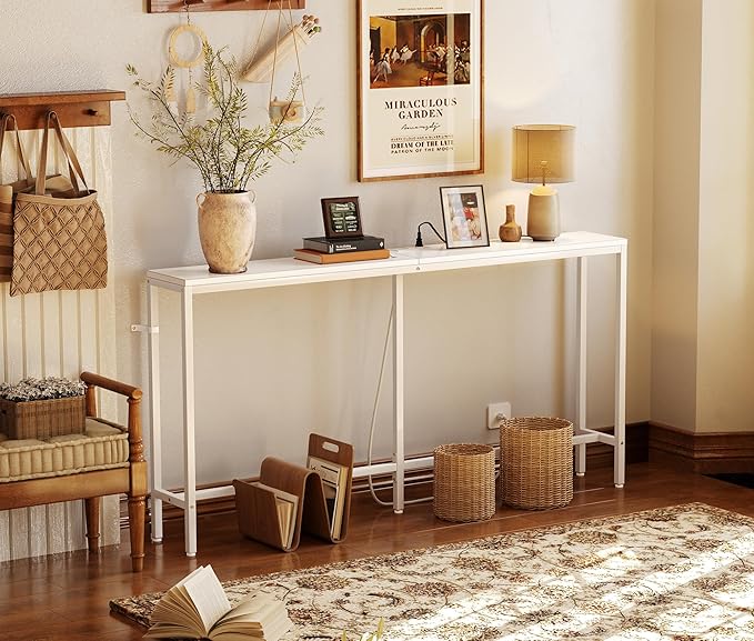 SUPERJARE 70 Inch Console Table with Outlet, Sofa Table with Charging Station, Narrow Entryway Table, Skinny Hallway Table, Behind Couch Table, for Living Room, White