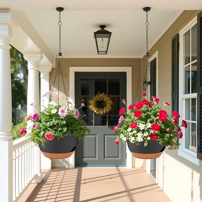 2 Pack 12 Inch Large Hanging Planters with Chains Self Watering Black Brown Plastic Hanging Pots for Indoor Outdoor Plants, Garden Porch Home Decor,Black Brown