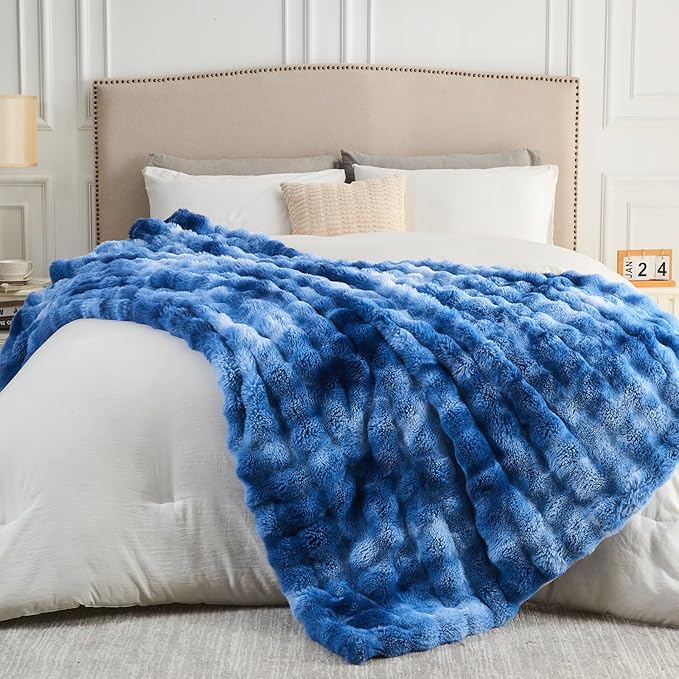NEWCOSPLAY Faux Fur Throw Blanket Indigo Luxury Fluffy Thick Warm Bubble Blanket for Couch Sofa Bed 700GSM (Indigo, Throw(50"x60"))