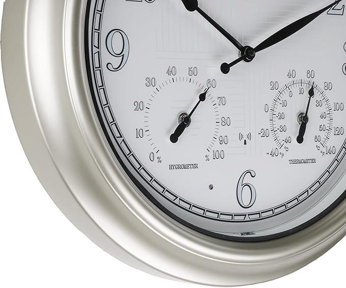 CLXEAST 18 Inch Illuminated Outdoor Indoor Atomic Analog Wall Clock with Temperature & Humidity Combo, Lighted Outdoor Clocks for Patio Large Waterproof with Thermometer, Modern Morning Silver/Gold