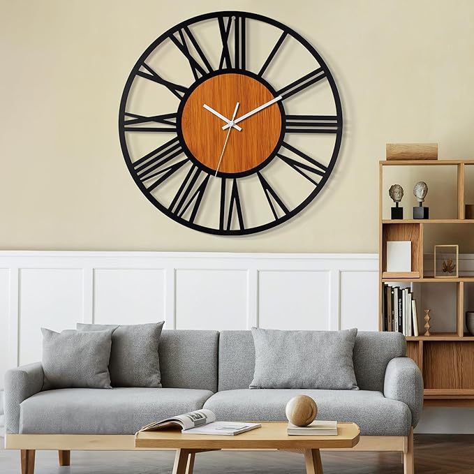 LEIKE 32" Oversized Large Wall Clocks,Silent,Non Ticking,Battery Operated Modern Round Big Wood Decorative Metal Wall Clock for Living Room, Bedroom,Kitchen,Farmhouse,Office Decor - Black,32 Inch