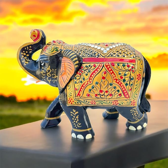 Handcrafted Wooden Elephant Figurine β Traditional Artwork, Gold & Gemstone Embellishments β Lucky Decorative Elephant Statue for Prosperity | Beautiful Elefantes Decorativos para Sala (Black & Gold)
