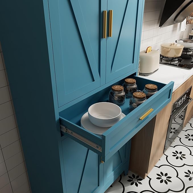 71 "Farmhouse Metal Filing Cabinet with a Drawer and 4 Adjustable Shelves, with 4 Large barn Door White Kitchen Cabinets, Metal Food Cabinets for Home, Kitchen, Dining/Living Room (Peacock Blue)