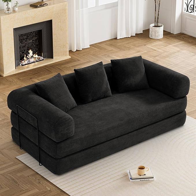 Convertible Sleeper Sofa Bed with Pillow, 4-in-1 Corduroy Folding Mattress Couch with Fixed-Shape Frame, Futon Fold Out Floor Sofa Cama Lounge Couch for Living Room Bedroom Studio, Black