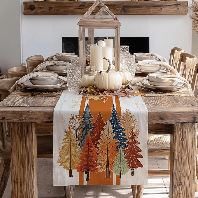 GEEORY Fall Watercolor Trees & Maple Leaves Striped Table Runner 13x60 Inch, Rustic Farmhouse Autumn Thanksgiving Decor for Kitchen, Dining, Indoor/Outdoor Holiday Dinner Party Orange GT157-60