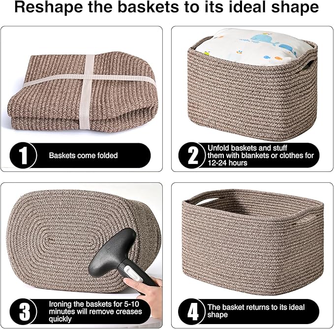 Storage Baskets for Organizing Shelves, Woven Cotton Rope Bins for Baby Nursery Organization, Book Toy Towel Organizer, 15"x11"x9.5", 3 Packs, Dark Brown