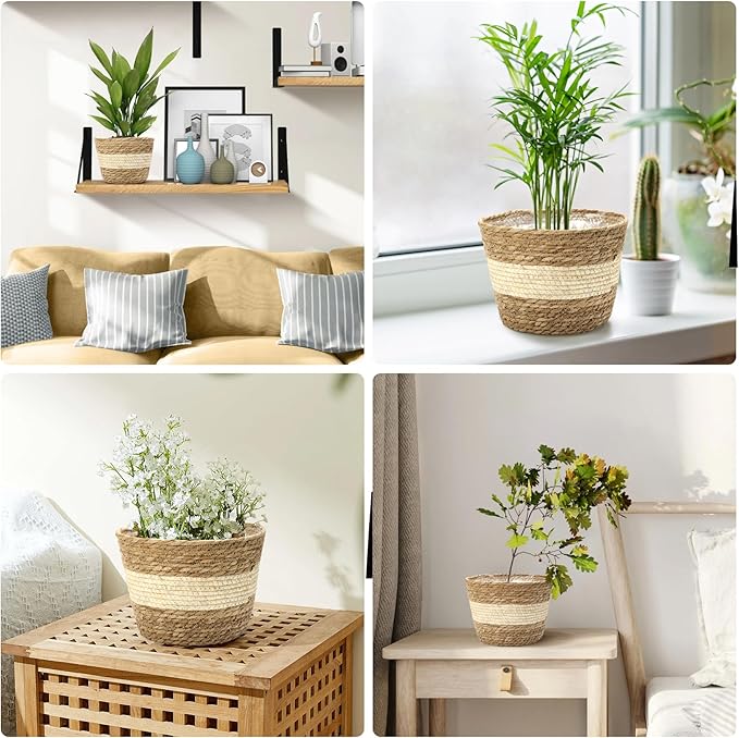 Athaliah Plant Basket, 3 PCS Plant Baskets Indoor with Plastic Liner, Water Hyacinth and Corn Stalk Woven Planters Flower Basket, Planter Basket for Rustic Home Floor Potted Pots Decor