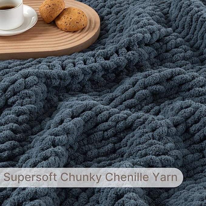 Chunky Knit Blanket Throw, 100% Hand Knit Throw Blanket Handmade Chenille Cable Knit Throw for Couch, Stylish Cozy Soft Rope Knot Crochet Blanket for Home Decor, Blue Mirage, 60x80 Inches