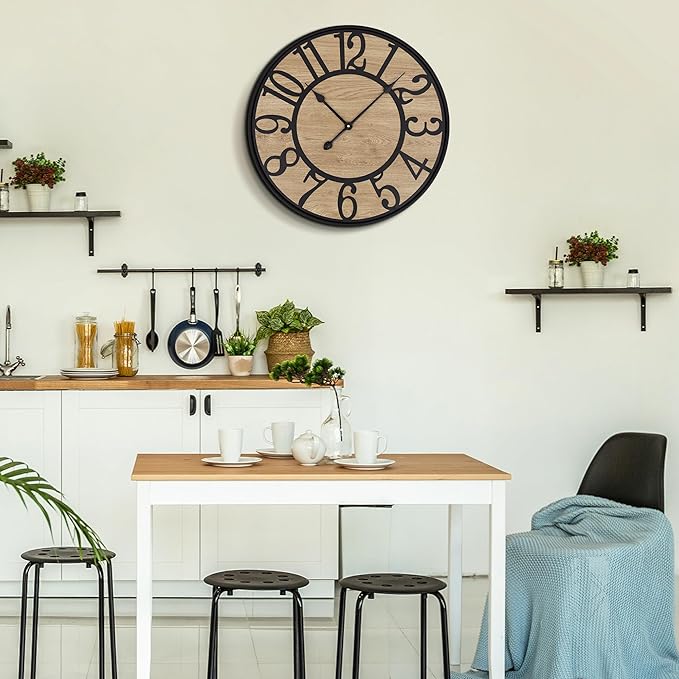 Large Wall Clock for Living Room Decor, Non Ticking Silent, Battery Operated Modern Vintage Wood Wall Clock Oversized Decorative Wall Clock for Bedroom Kitchen Farmhouse Office Decor