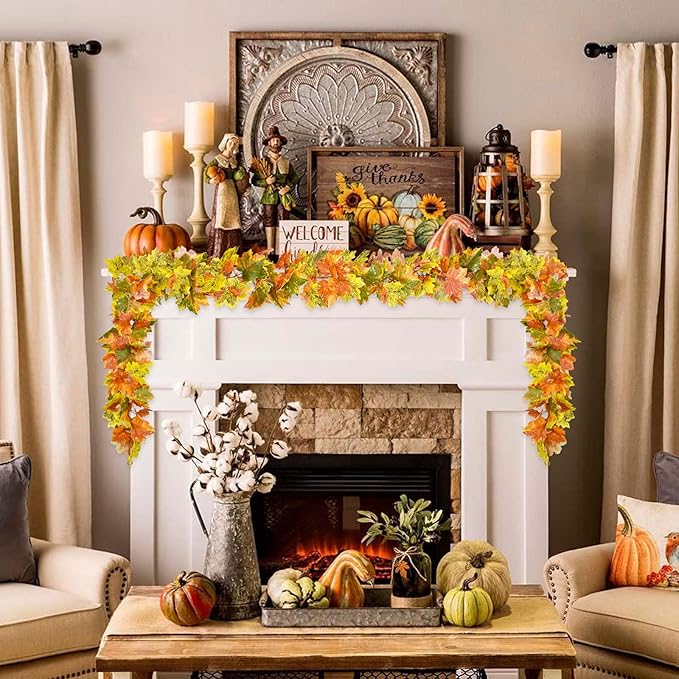 Lvydec 2 Pack Fall Maple Garland Clearance - 5.9ft/Strand Artificial Fall Garlands Assorted Color Leaves Autumn Decor for Home Wedding Halloween Thanksgiving Party