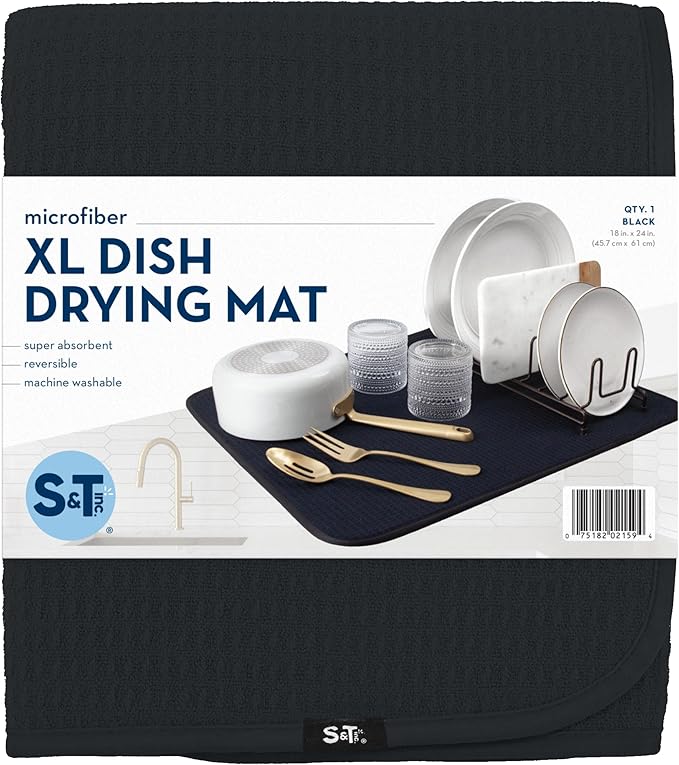 S&T INC. Dish Drying Mat XL, 18” x 24”, Absorbent Microfiber Kitchen Counter Mat, Dish Drying Pad for Dishes, Utensils, Pots and Pans, Extra Large, Black