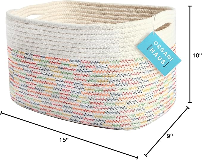 OrganiHaus Woven Storage Baskets for Organizing, Cotton Rope Organizer Bins for Shelves, Closet & Nursery, Dog Toy Basket, Decorative Bins for Toys, Towels & Books - 15x10x9, Rainbow Stitches