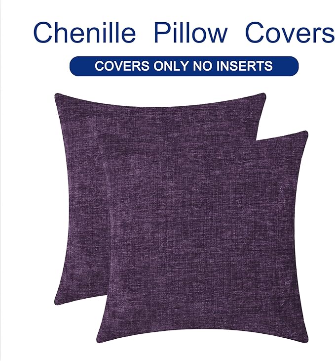 CaliTime Throw Pillow Covers Decorative 20 X 20 Inches Pack of 2 Cozy Chenille Cushion Cases for Couch Sofa Bed Living Room Home Plum Purple