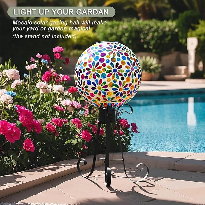VOREEN 10" Mosaic Glass Gazing Ball with Solar Light, Outdoor Solar Gazing Globe, Handmade IP44 Waterproof Garden Decor Sphere for Patio Yard, Ideal Gift for Mom Wife Friend, Colorful Daisy Design