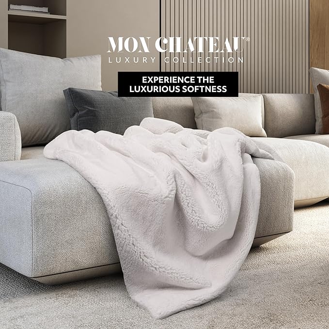 Mon Chateau Luxury Ultimate Plush Faux Fur Throw with 6cm Foldover for Couch, Sofa, or Bed - Plush Ultra Soft Blanket for Sleeping or Home Décor, 60" x 70" (Foldover Ivory)