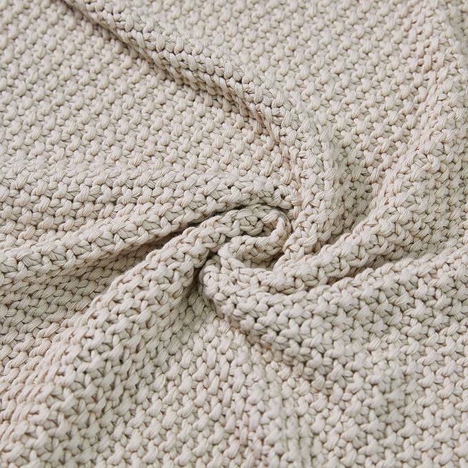 Joydeco Chunky Cable Knit Throw Blanket, Lightweight 100% Organic Cotton Soft Cozy Throw Twin Blanket for Couch Bed and Sofa, Rustic Breathable Farmhouse Blanket Gift for Women Men(Beige, 51"x63")