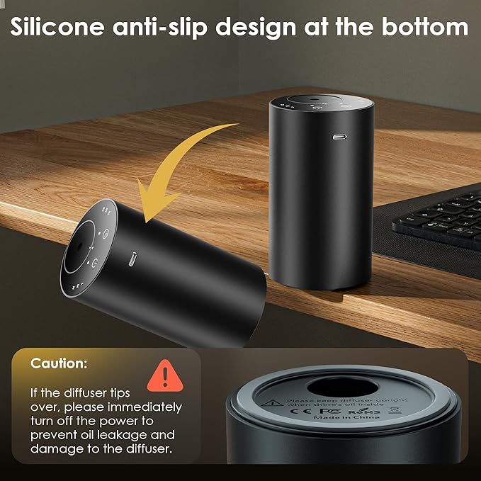 Waterless Essential Oil Diffuser, Portable Aromatherapy Diffuser, Mini Scent Machine, Battery Operated, 1/4/8-Hour Timer, 20ml Capacity, 3 Mist Levels for Home, Car, Room Office,No included oil(Black)