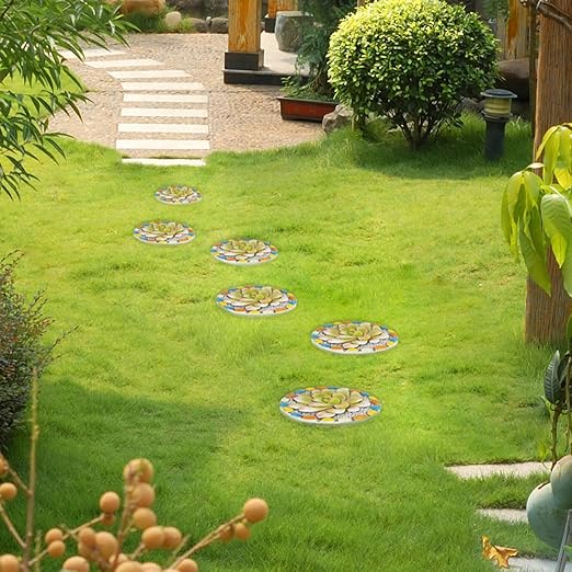 Succulent Pattern Cement Stepping Stones - Outdoor Pavers for Walkway, Multicolored Decorative Stone for Garden, 0.75 x 10 x 10 Inch