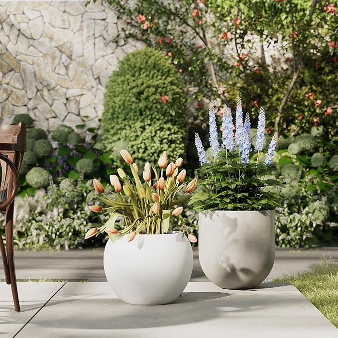 DTY Signature Mount Sherman Lightweight Durable Modern Fiberstone Sphere Planter for Indoor & Outdoor Drainage Hole & Rubber Plug Weather Resistant, 17" H x 21" Dia, 14.4" Opening - Large, White