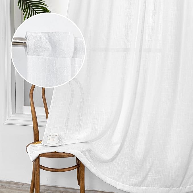 MYSKY HOME Floor to Ceiling Curtains 120 Inches White Sheer Window Drapes 2 Panel Sets Back Tab Draperies Linen Look Boho Fabric, Soft Cotton Blend Light Filtering for Living Room