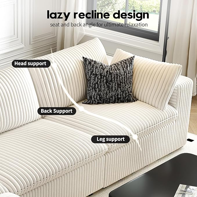 LoveSeat Cloud Couch Modular Sectional Sofa for Living Room,Modern Sofa with Deep Seat,2 Seater Boneless Couch,Comfy Upholstered Corduroy Couches for Apartment, Studio, Office,Bedroom,White