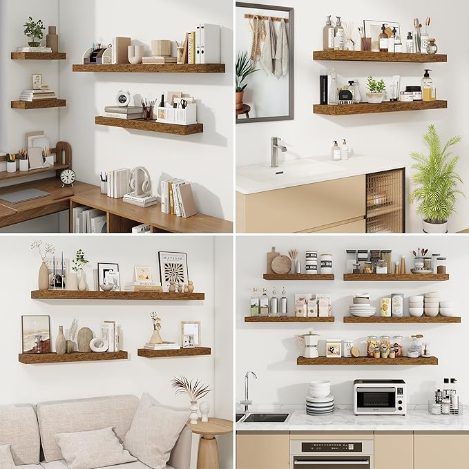 fuqing Floating Shelves for Wall, Bathroom Shelf Wall Mounted for Storage, Shelves with Invisible Bracket for Bedroom, Kitchen, Living Room, Farmhouse Small Book Shelf, 40 Inch Set of 2, Rustic Brown