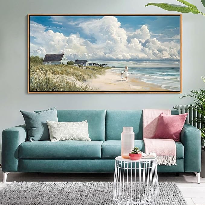 HGUAOA Coastal Canvas Wall Art - Large Landscape Wall Art for Living Room - Ocean and Beach Painting - Blue Artwork for Bedroom Decor - Above Bed Wall Pictures -Beach Theme Print Art