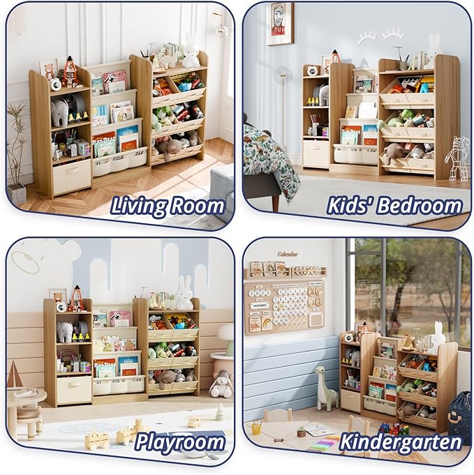 Kids Toy Book Storage Organizer - Large Bookshelf with 7 Removable Bins, Baby Bookshelf and Toy Storage, 4-Tier Book Shelf for Kids Room, Playroom, Classroom, 51 inch, Burlywood