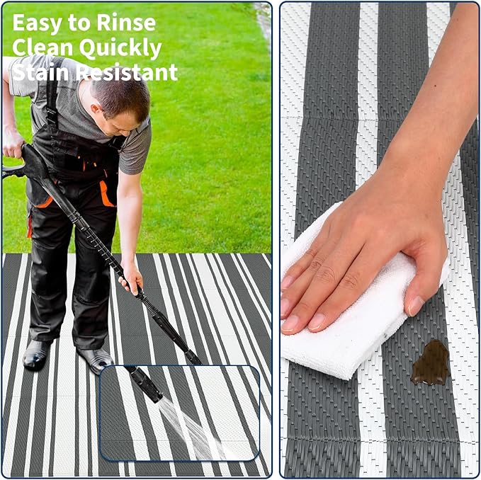 Outdoor Patio Rug 9x12 Stain-Resistant Reversible Camping Mat, Modern Striped Outdoor Plastic Straw Rug, Waterproof Outside Carpet, Easy to Clean for RV, Porch, Deck, Balcony, Grey