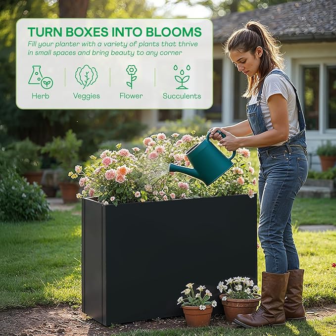 IDZO Metal Planter Box, Privacy Trough for Patio, Rectangle Container for Outdoor Plants, Tall Large Rectangular Steel Bed for Outdoor Greens with Drainage Holes & Adjustable Feet, Black