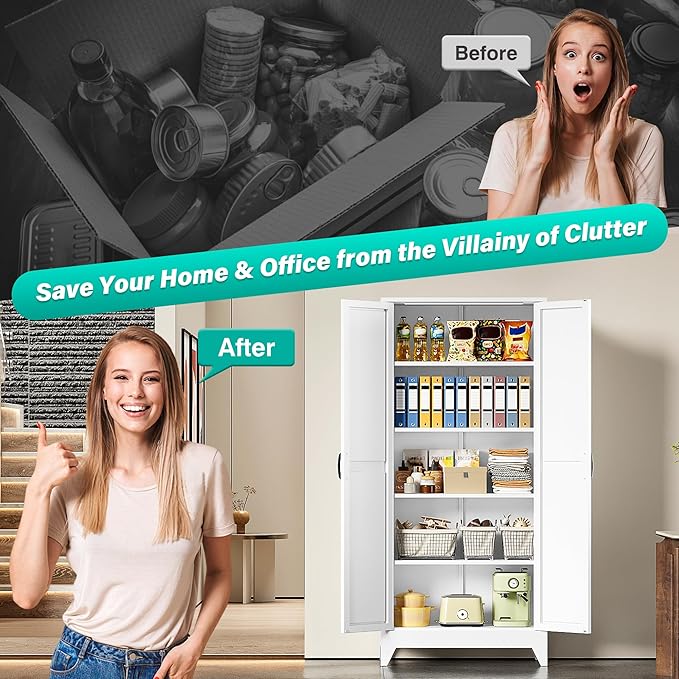 75" Tall Pantry Cabinet,Farmhouse Kitchen Pantry Storage Cabinets with 2 Doors and 5 Shelves,White Metal Storage Cabinet,Large Cupboard for Home,Kitchen,Dining/Living Room