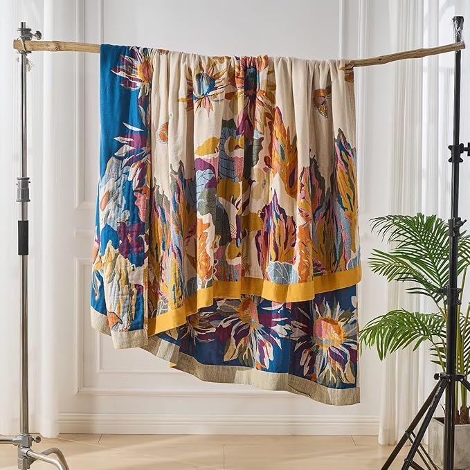 Boho Throw Blanket for Bed, Sofa,Cozy Warm Lightweight Fall Throw Blankets,100% Woven Cotton Southwestern Farmhouse Floral Decor Reversible Blanket, Chair, Picnic Blanket, 50"x60"