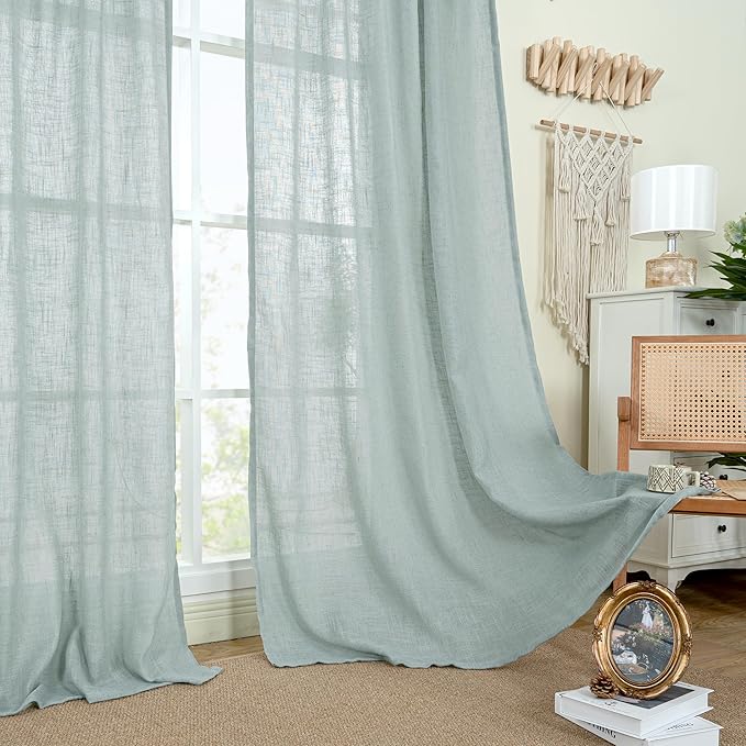 LAMIT Short Linen Curtains 30 Inch Length for Small Windows, Semi Sheer Light Filtering Panels Bronze Grommet Cafe Drapes for Half Window, Greyish Blue, 2 Panels, 34 x 30 Inch