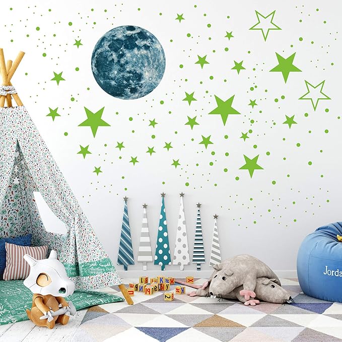 Luminous Wall Decals Ceiling Stickers Glow in The Dark Moon and Stars Starry Sky Shining Decals Room Decoration Perfect Gifts for Kids Bedroom Bedding Room, 1 Moon + 436 Stars and Dots