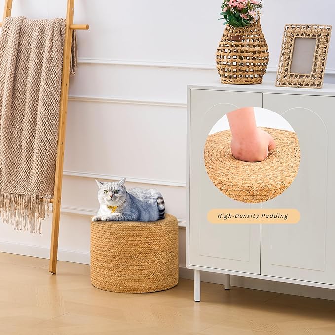 Handwoven Water Hyacinth Ottoman Pouf, Round Outdoor Footstool with Sturdy Frame, No Assembly Needed, Boho Accent Stool for Indoor & Outdoor Use – Patio, Balcony, Living Room (Natural)