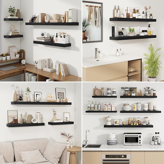 fuqing Floating Shelves for Wall, Bathroom Shelf Wall Mounted for Storage, Shelves with Invisible Bracket for Bedroom, Kitchen, Living Room, Farmhouse Small Book Shelf, 24 Inch Set of 2, Black