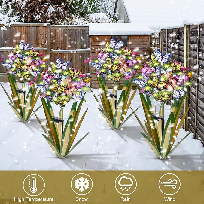 Solar Metal Agave Butterfly Flower Stick Garden Sculpture - Outdoor Gift, Christmas Lights, Swaying Butterfly, Sunflower - Solar Outdoor Statues (3 PCS Light Green)