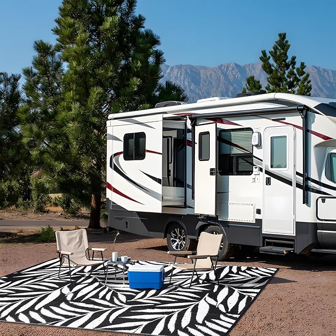 OLANLY Waterproof Outdoor Rug 8x10 ft, Reversible Outdoor Plastic Straw Rug with Leaf Pattern, RV Mat, Indoor Outdoor Carpet for Patio, Camping, Balcony, Deck, Backyard, Black & White