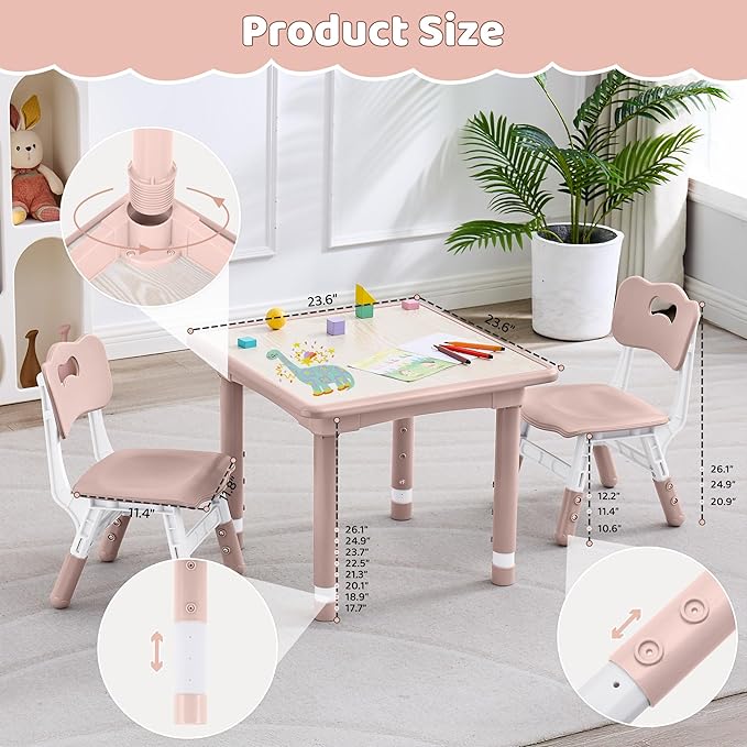 Kids Table and 2 Chairs Set, Height Adjustable (17.7"-26.1") Toddler Table and Chair Set, Multi-Activity Table with Graffiti Desktop, Children’s Table and Chairs for Classroom, Home & Daycare